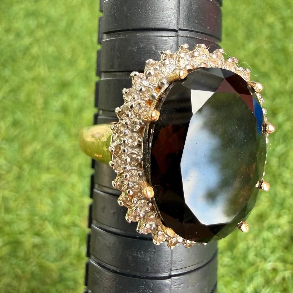Vintage 14k Yellow Gold Smoky Quartz Halo Cocktail Ring Size‎ 8.75 7g